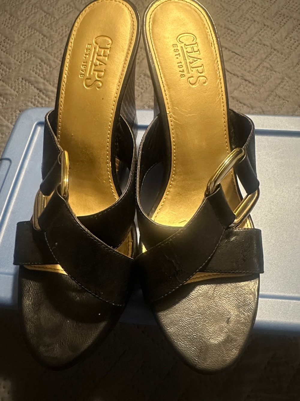 Chaps Black and Gold Slip-On Heeled Mules